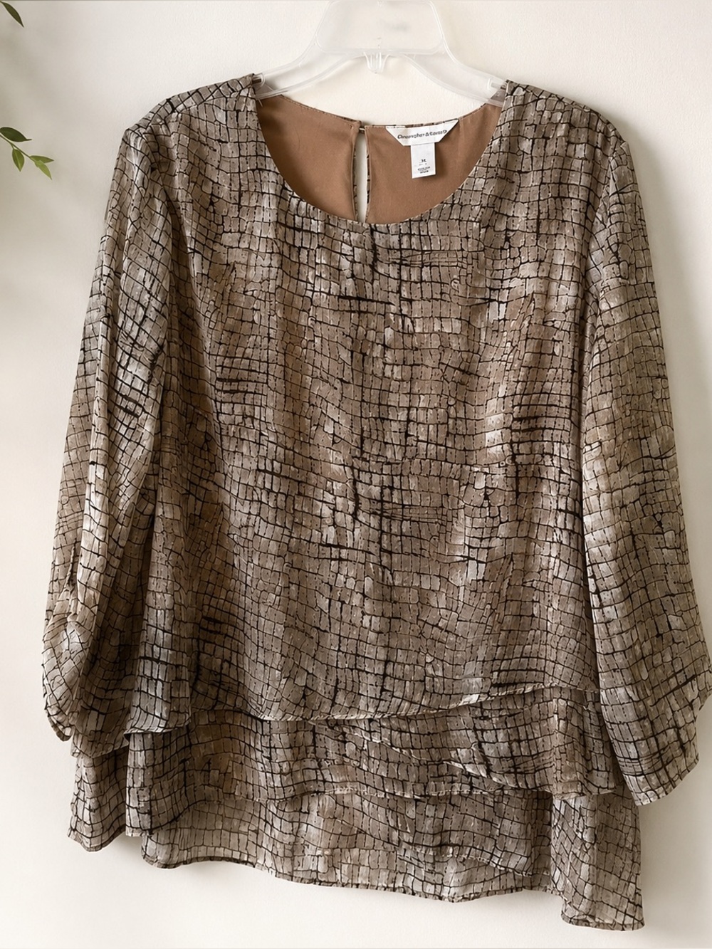 Christopher and Banks Taupe Stone Print Layered Hem Detail Blouse EUC XL #1418